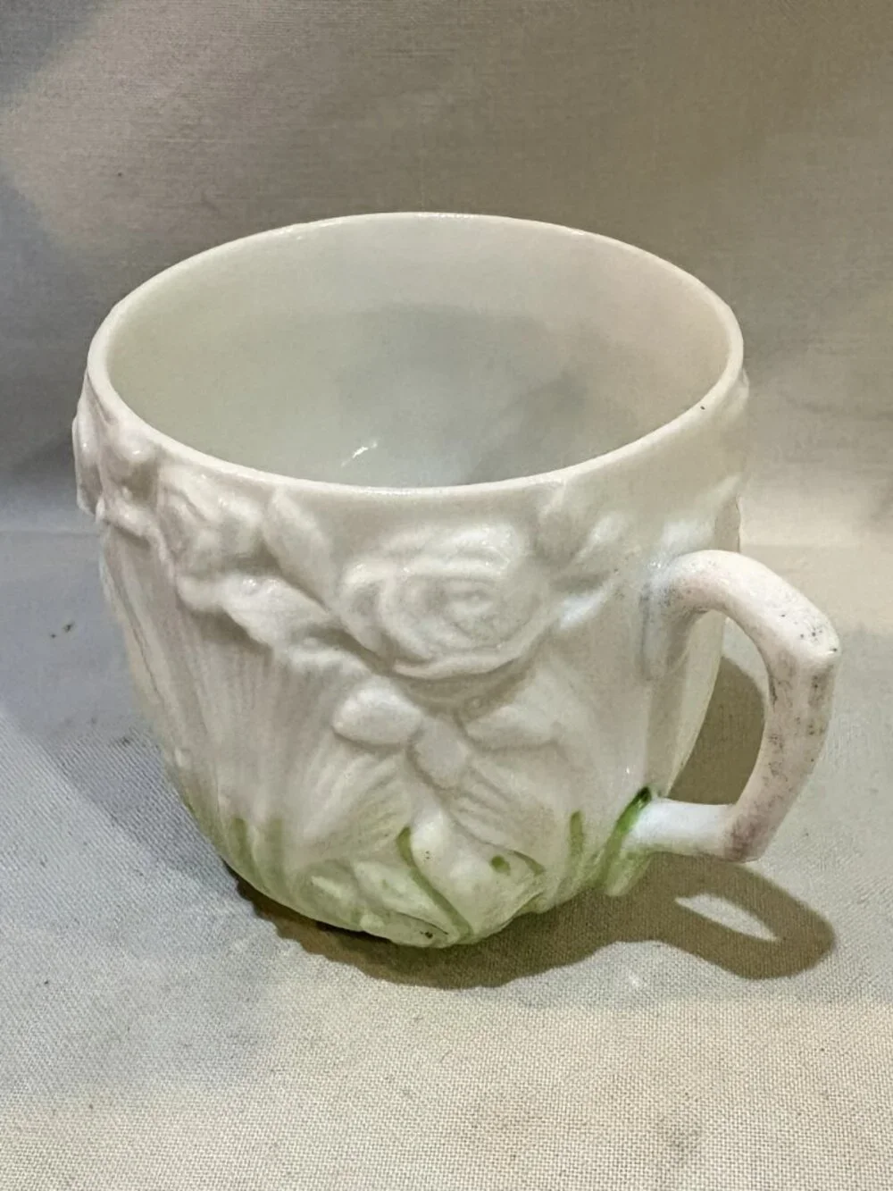 Antique Porcelain Teacup and Saucer Set Embossed Floral Aqua Blue Mint Green